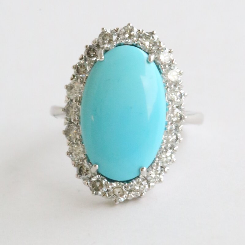 American Jewelry 14k White Gold 1.31ctw Diamond 6.69ct Turquoise Oval Halo Ring (Size 7)