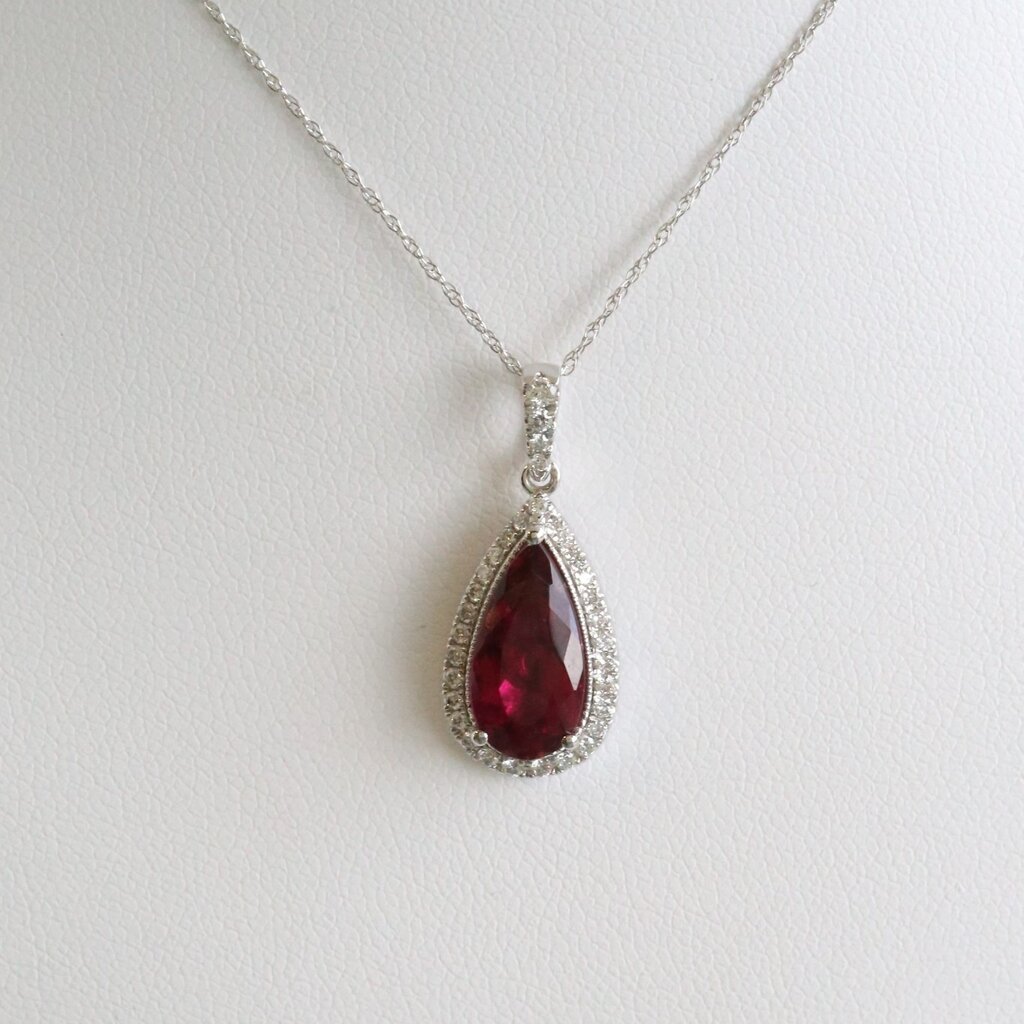 American Jewelry 14k White Gold .37ctw Diamond 3.05ct Pear Rubelite Tourmaline Necklace