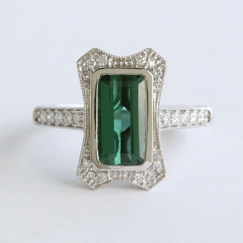 American Jewelry 14k White Gold 1.83ct Blue Green Tourmaline .20ctw Diamond Milgrain Vintage Style Ring (Size 7)