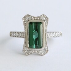 American Jewelry 14k White Gold 1.83ct Blue Green Tourmaline .20ctw Diamond Milgrain Vintage Style Ring (Size 7)