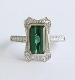 American Jewelry 14k White Gold 1.83ct Blue Green Tourmaline .20ctw Diamond Milgrain Vintage Style Ring (Size 7)