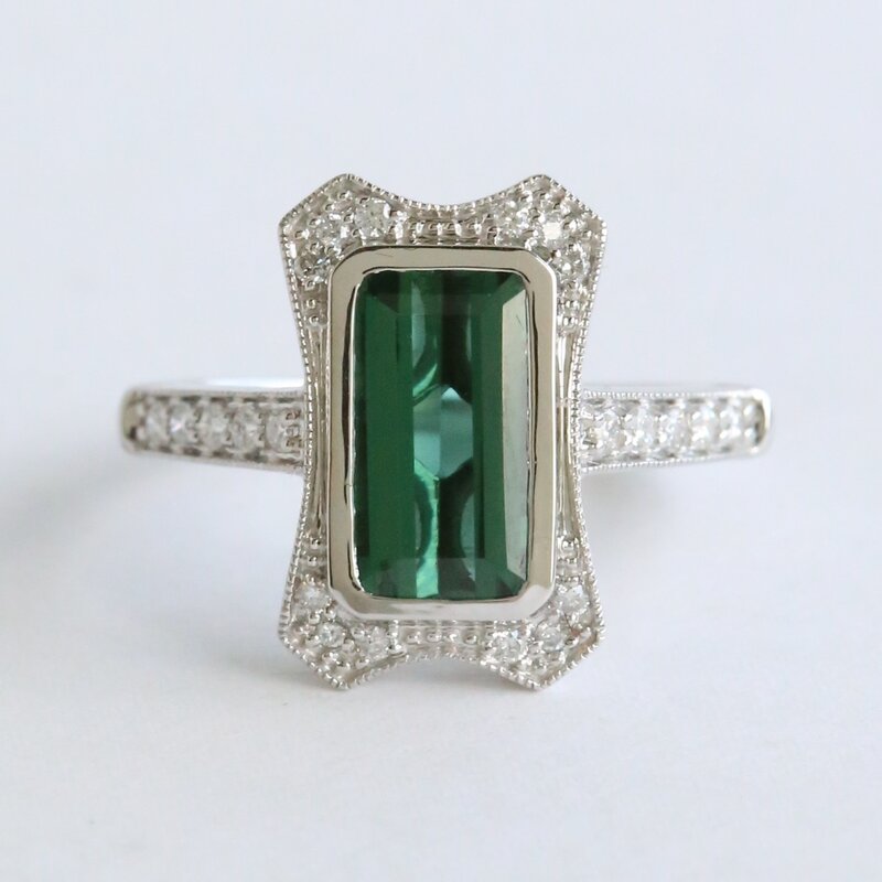 American Jewelry 14k White Gold 1.83ct Blue Green Tourmaline .20ctw Diamond Milgrain Vintage Style Ring (Size 7)