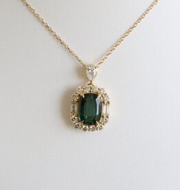 American Jewelry 14k Yellow Gold 2.82ct Blue Green Tourmaline .92ct Diamond Baguette and Round Cushion Halo Necklace
