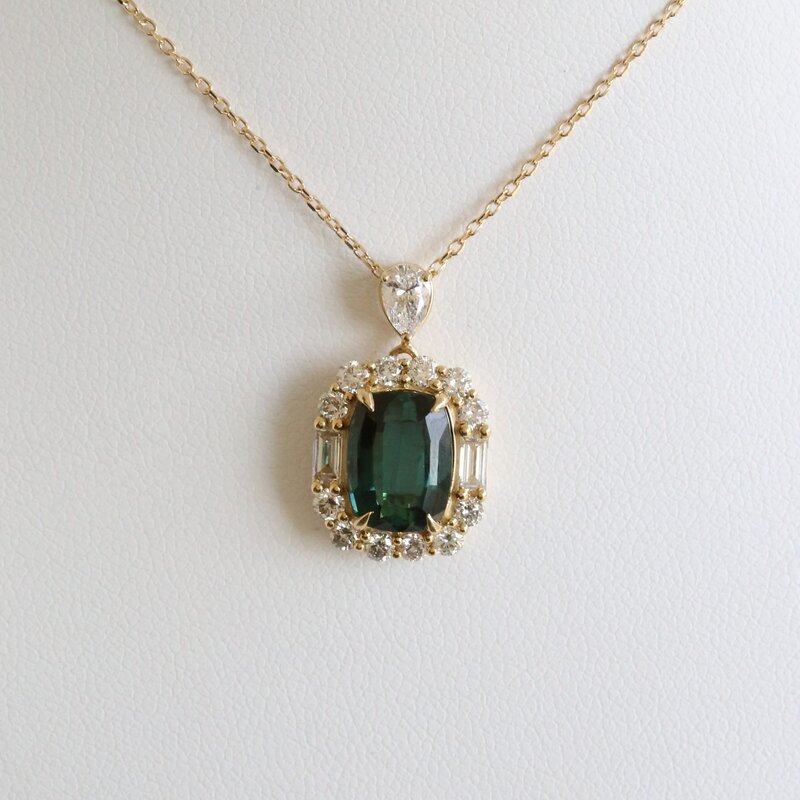 American Jewelry 14k Yellow Gold 2.82ct Blue Green Tourmaline .92ct Diamond Baguette and Round Cushion Halo Necklace
