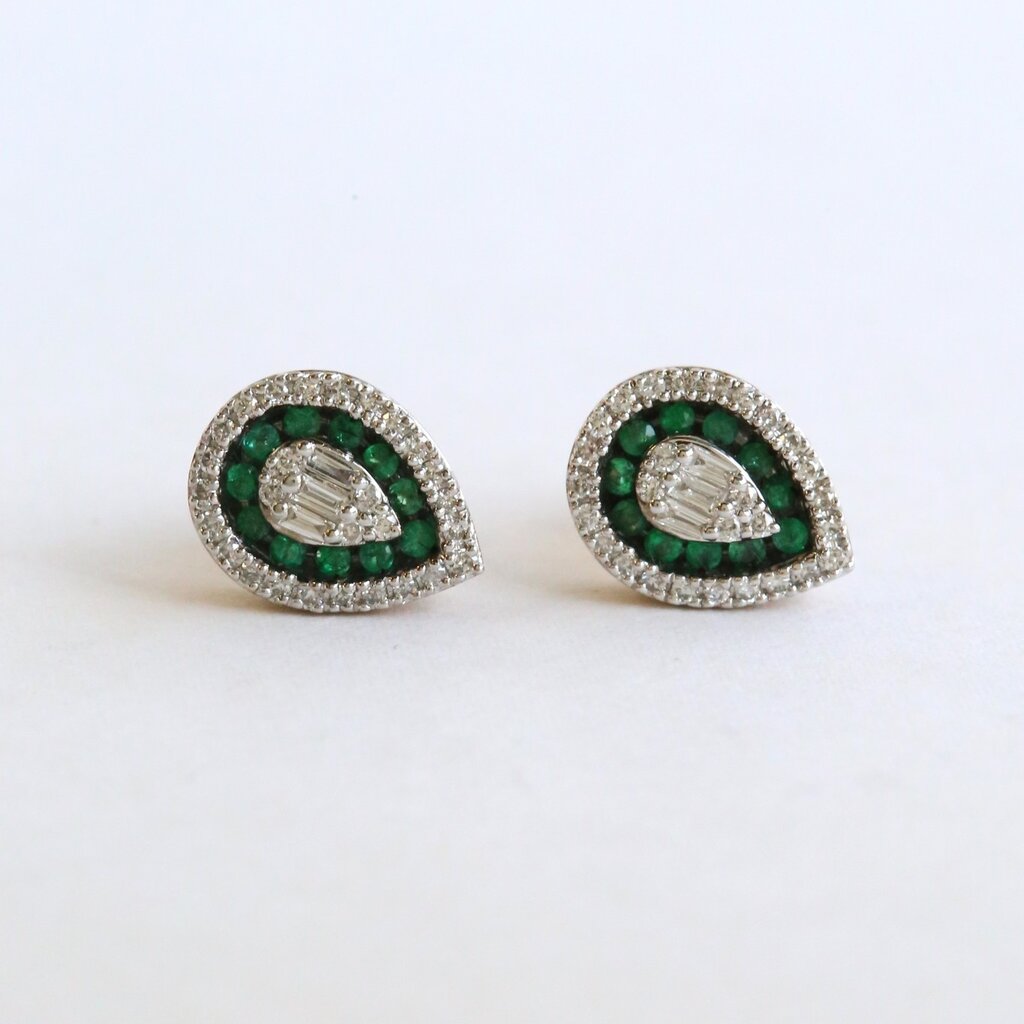 American Jewelry 10k Yellow Gold .19ctw Emerald .29ctw Diamond Pear Halo Stud Earrings