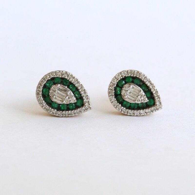 American Jewelry 10k Yellow Gold .19ctw Emerald .29ctw Diamond Pear Halo Stud Earrings