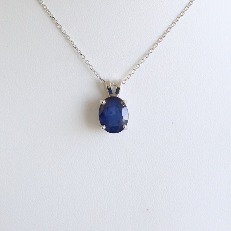 American Jewelry 14k White Gold Infused Blue Sapphire Oval Necklace