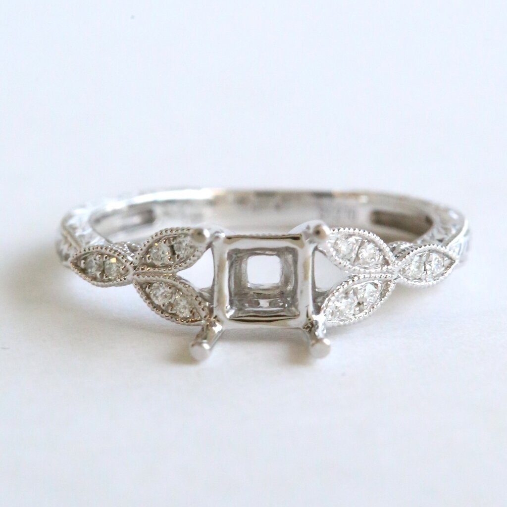 American Jewelry 14k White Gold .10ctw Diamond Milgrain Leaf Design Semi Mount Engagement Ring