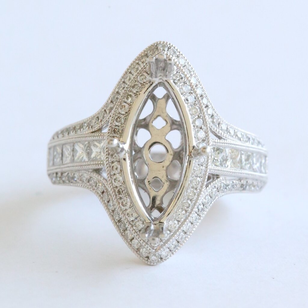 American Jewelry 14k White Gold 1.13ctw Round & Princess Cut Diamond Marquise Double Halo Semi Mount Engagement Ring