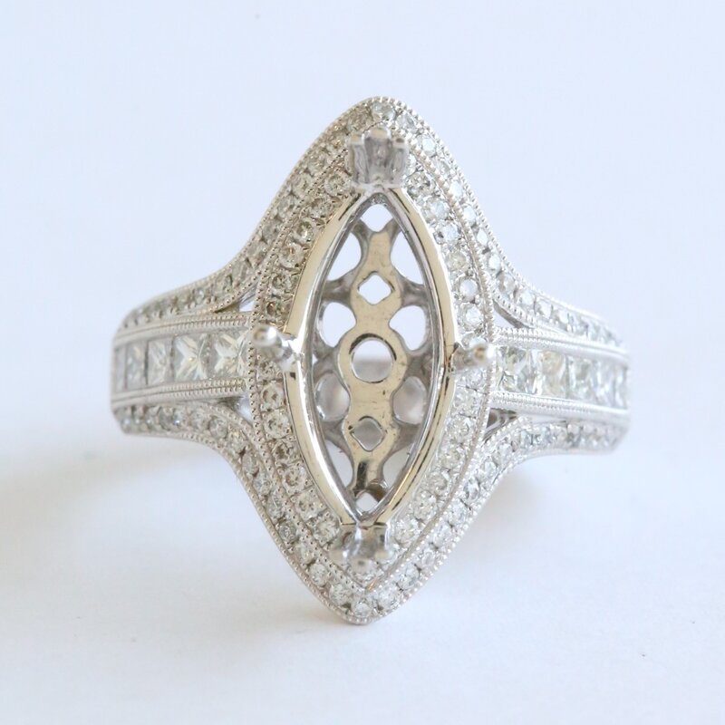 American Jewelry 14k White Gold 1.13ctw Round & Princess Cut Diamond Marquise Double Halo Semi Mount Engagement Ring