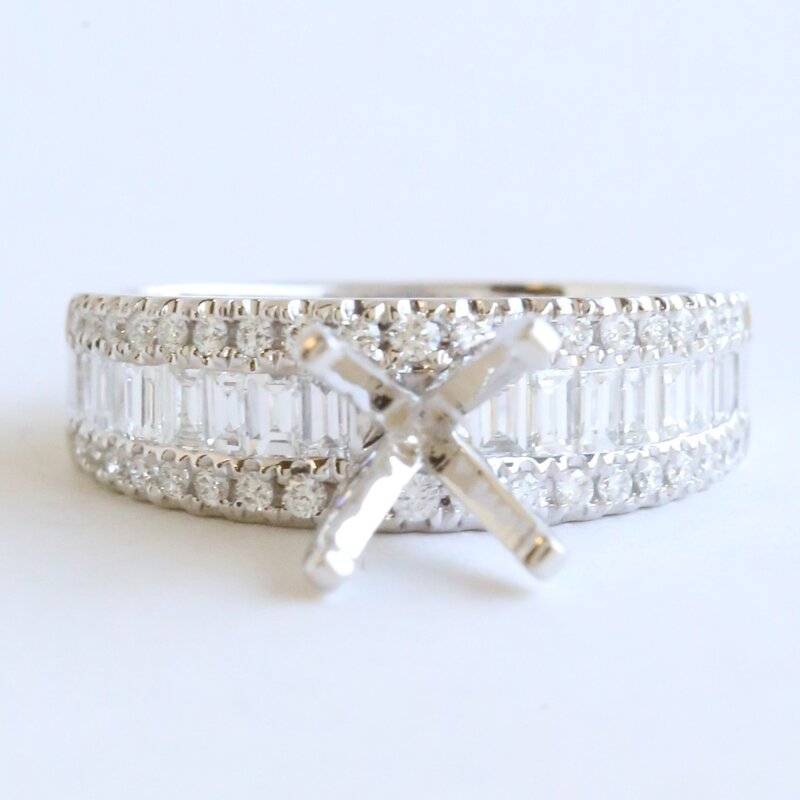 American Jewelry 14k White Gold 1.06ctw Diamond Round & Baguette Semi Mount Engagement Ring