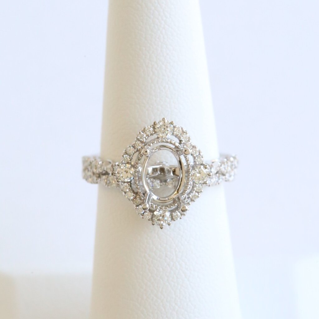 American Jewelry 14k White Gold .81ctw Diamond Intricate Oval Halo Engagement Ring Wedding Band Semi Mount
