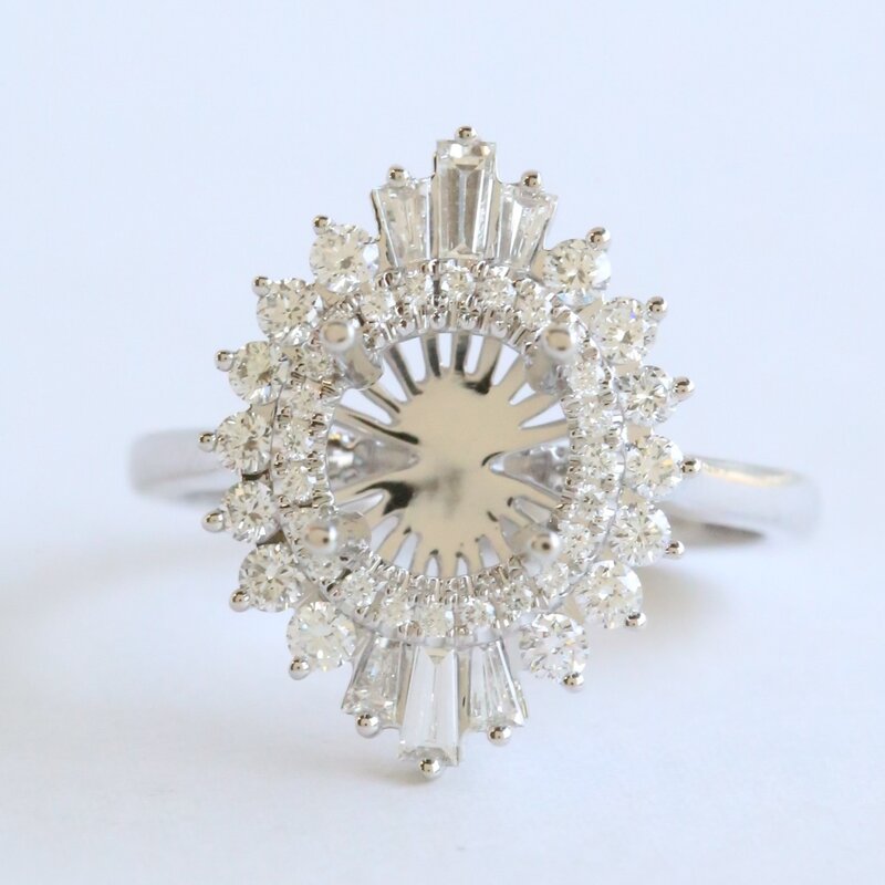 American Jewelry 14k White Gold .83ctw Diamond Baguette & Round Starburst Engagement Ring