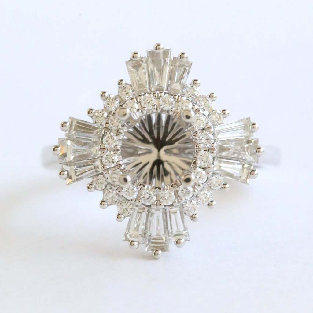 American Jewelry 14k White Gold .79ctw Diamond Baguette & Round Starburst Semi Mount Engagement Ring