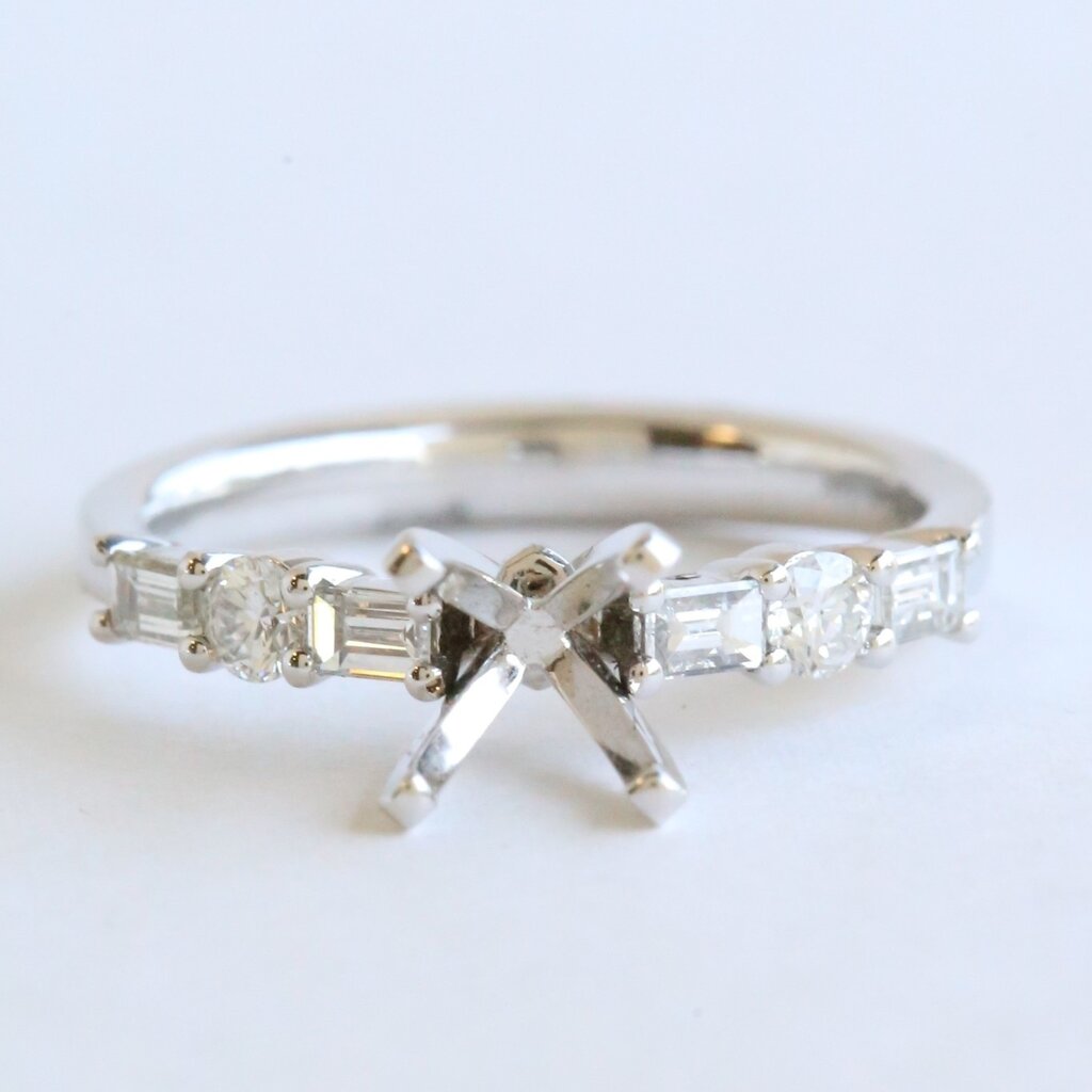 American Jewelry 14k White Gold .51ctw Diamond Baguette and Round Solitare Semi Mount Engagement Ring