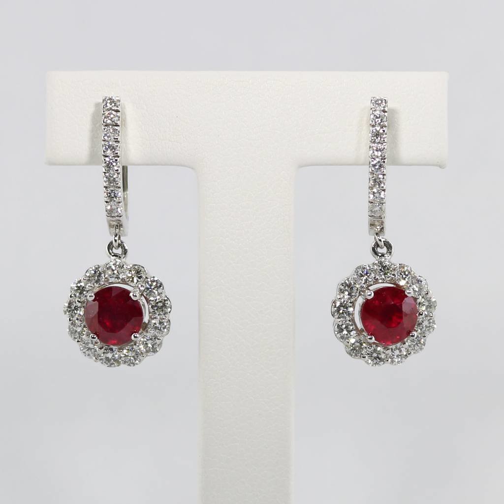 American Jewelry 14k White Gold 2ctw Round Ruby & 1.25ctw Diamond Halo Dangle Earrings