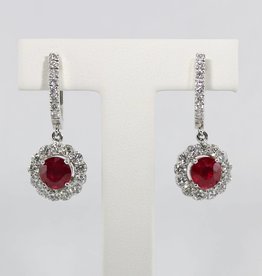 American Jewelry 14k White Gold 2ctw Round Ruby & 1.25ctw Diamond Halo Dangle Earrings