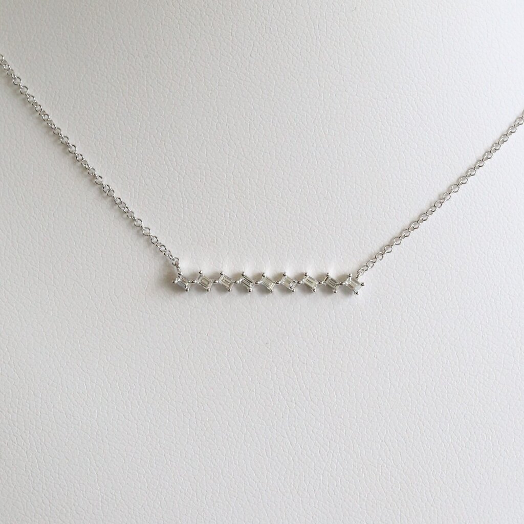 American Jewelry 14k White Gold .19ctw Diamond Tilted Baguette Bar Necklace
