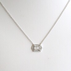 American Jewelry 14k White Gold .15ctw Diamond Baguette and Round Halo Necklace