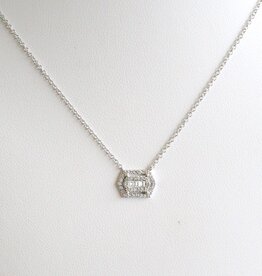 American Jewelry 14k White Gold .15ctw Diamond Baguette and Round Halo Necklace
