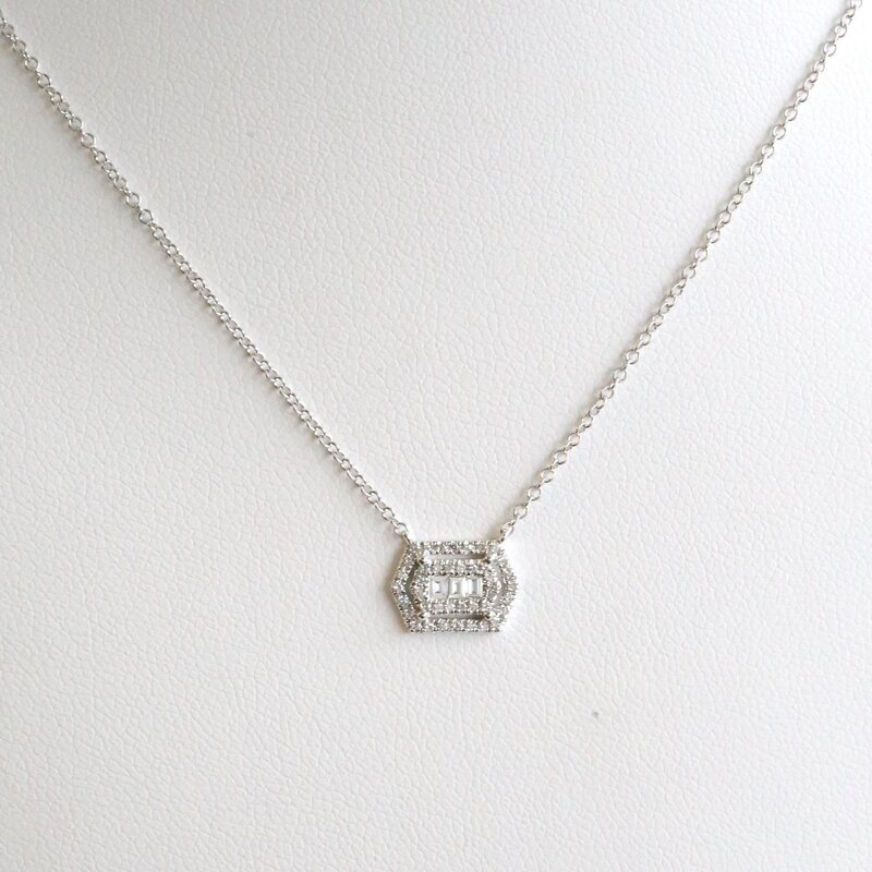 American Jewelry 14k White Gold .15ctw Diamond Baguette and Round Halo Necklace