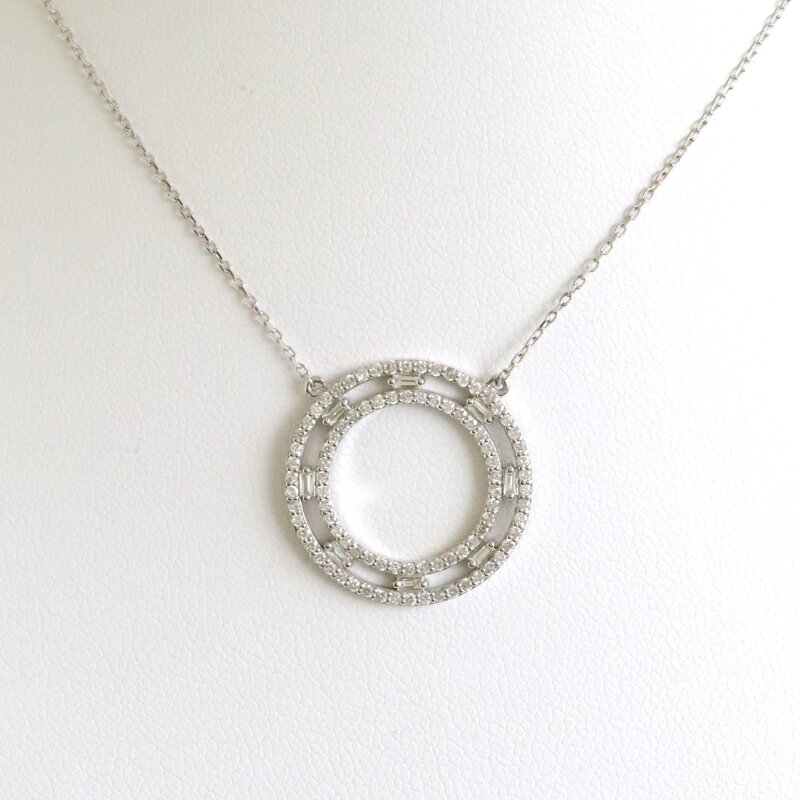 American Jewelry 14k White Gold .53ctw Diamond Baguette & Round Open Circle Necklace
