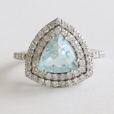 American Jewelry 14k White Gold 2.85ct Aquamarine .85ctw Diamond Double Halo Trillion Ring
