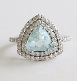 American Jewelry 14k White Gold 2.85ct Aquamarine .85ctw Diamond Double Halo Trillion Ring