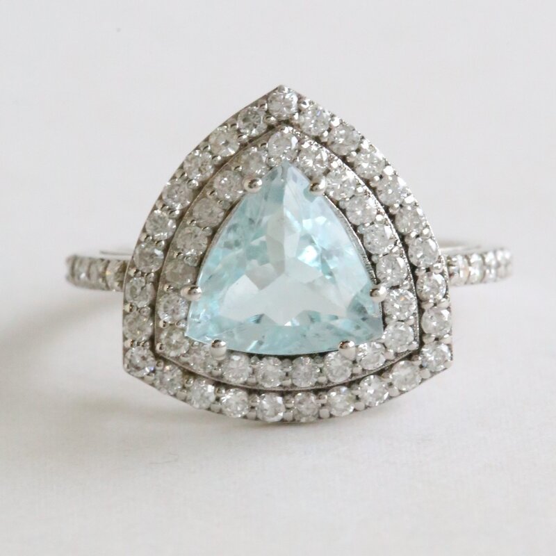 American Jewelry 14k White Gold 2.85ct Aquamarine .85ctw Diamond Double Halo Trillion Ring