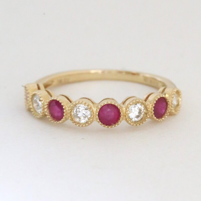 American Jewelry 14k Yellow Gold .42ctw Diamond and .50ctw Ruby Milgrain Alternating Stackable Band Ring
