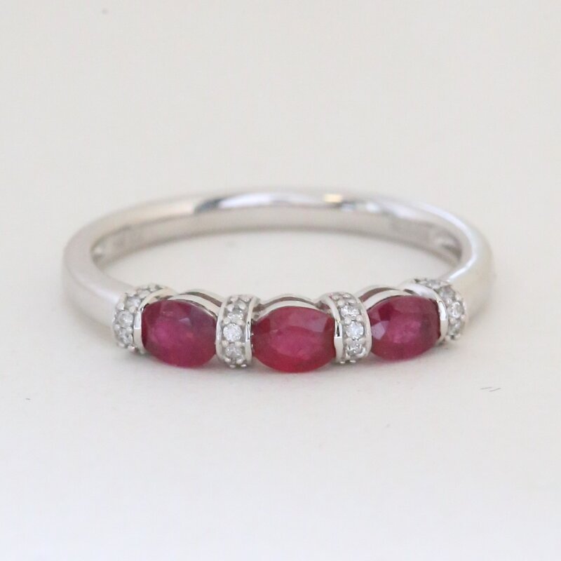 American Jewelry 14k White Gold .65ctw Ruby .06ctw Diamond Three Stone Ring