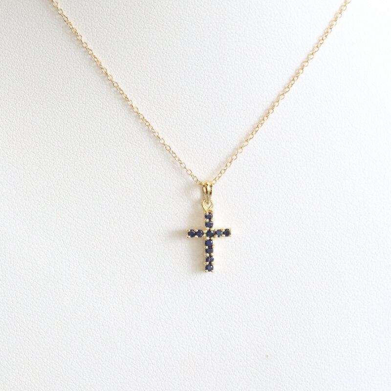 American Jewelry 10k Yellow Gold (14k Chain) .06ctw Sapphire Petite Cross Chain