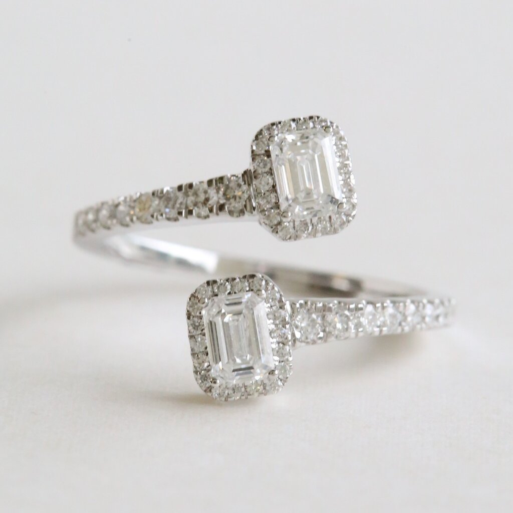 American Jewelry 14k White Gold 1ctw Lab Grown Diamond Emerald Cut Halo Wrap Ring