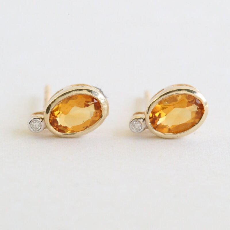 American Jewelry 10k Yellow Gold Citrine & Diamond Bezel Stud Earrings