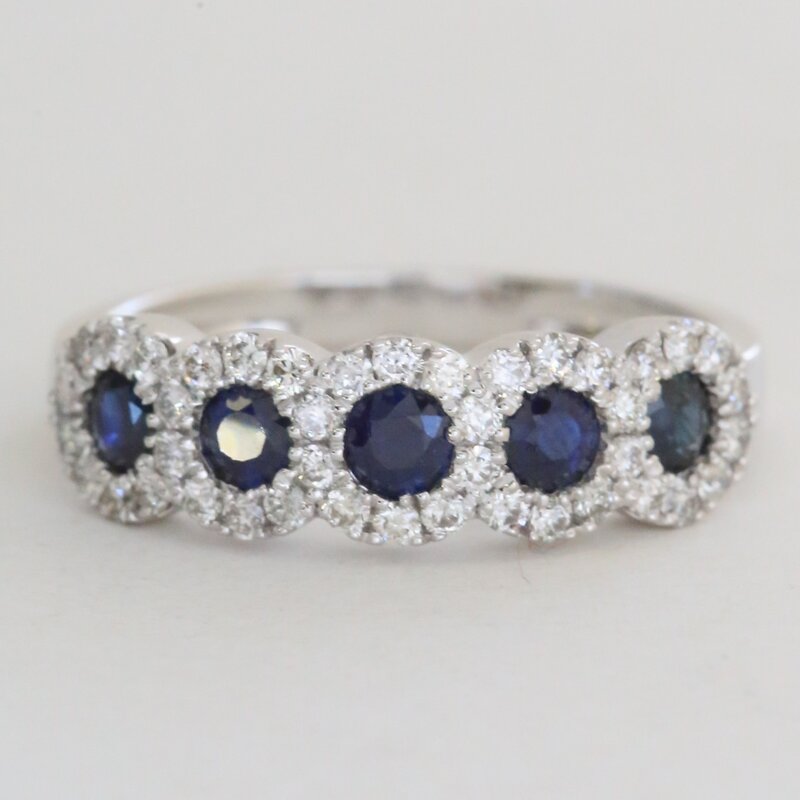 American Jewelry 14k White Gold .45ctw Diamond .81ctw Sapphire 5 Stone Halo Ring