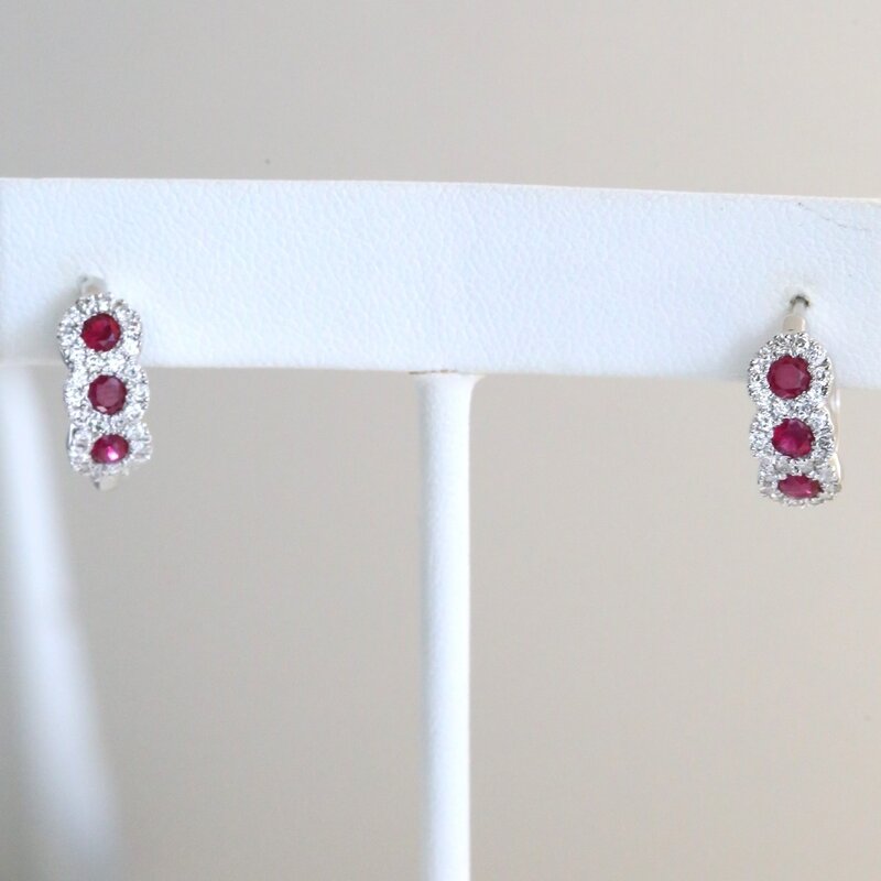 American Jewelry 14k Yellow Gold .53ctw Diamond and .77ctw Ruby Hoop Earrings