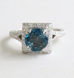 American Jewelry 14k White Gold 1.18ctw Diamond London Blue Topaz Princess Halo Split Shank Ring