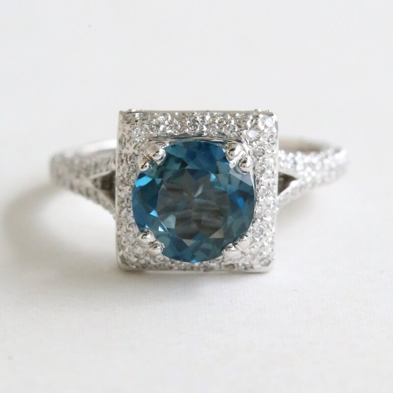 American Jewelry 14k White Gold 1.18ctw Diamond London Blue Topaz Princess Halo Split Shank Ring