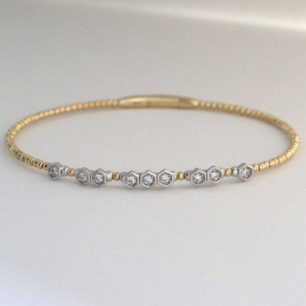 American Jewelry 14k Yellow Gold .19ctw Diamond Bezel Beaded Bangle Bracelet
