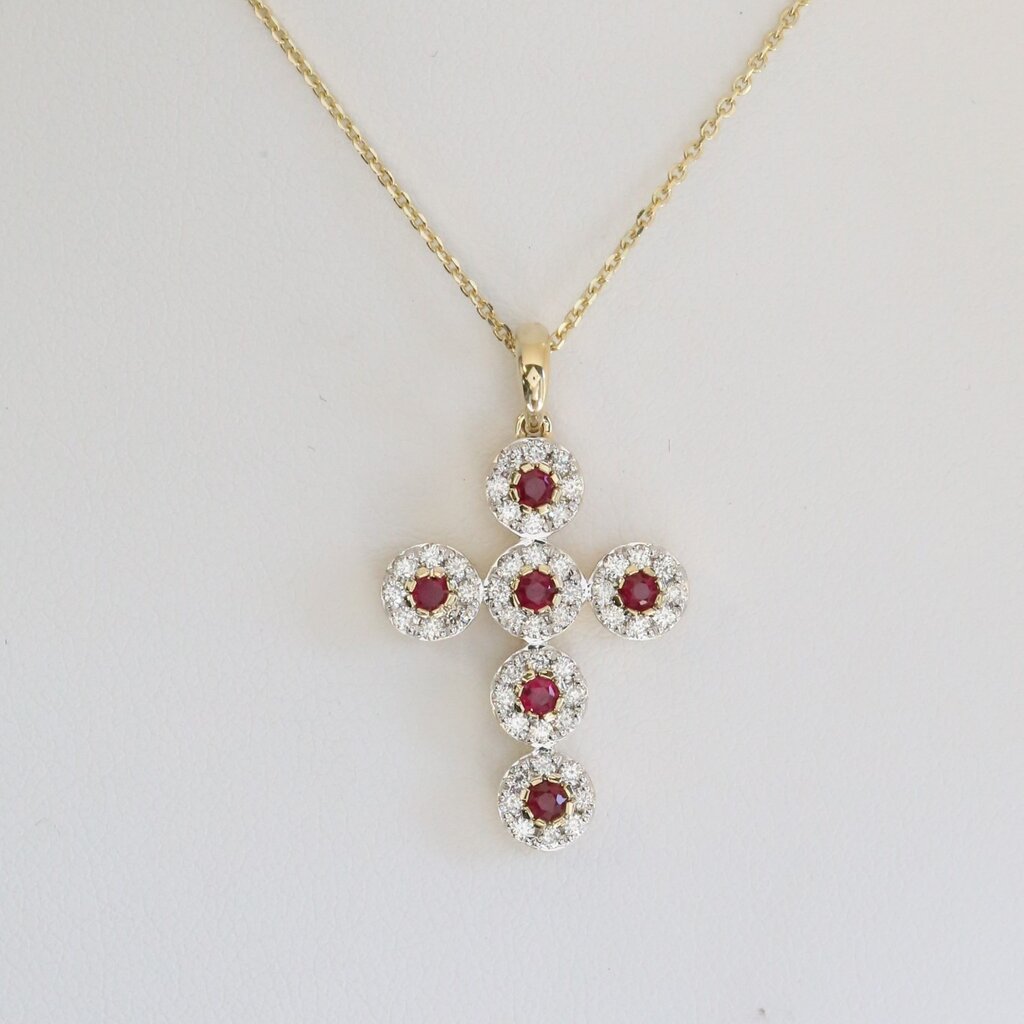 American Jewelry 14k Yellow Gold .40ctw Ruby .58ctw Diamond Cross Necklace