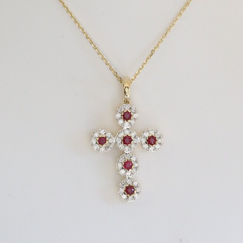 American Jewelry 14k Yellow Gold .40ctw Ruby .58ctw Diamond Cross Necklace