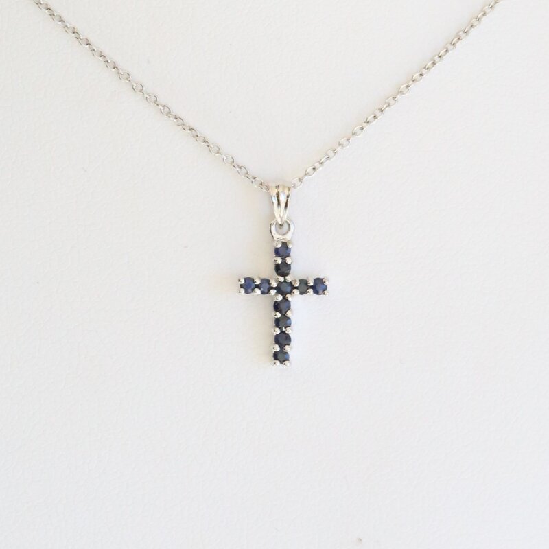 American Jewelry 14k White Gold Sapphire Cross Necklace