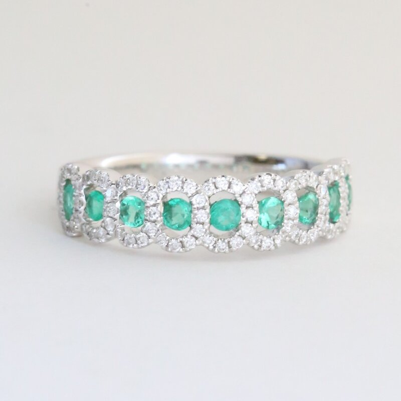 American Jewelry 14k White Gold .36ctw Emerald .27ctw Diamond Halos Ring