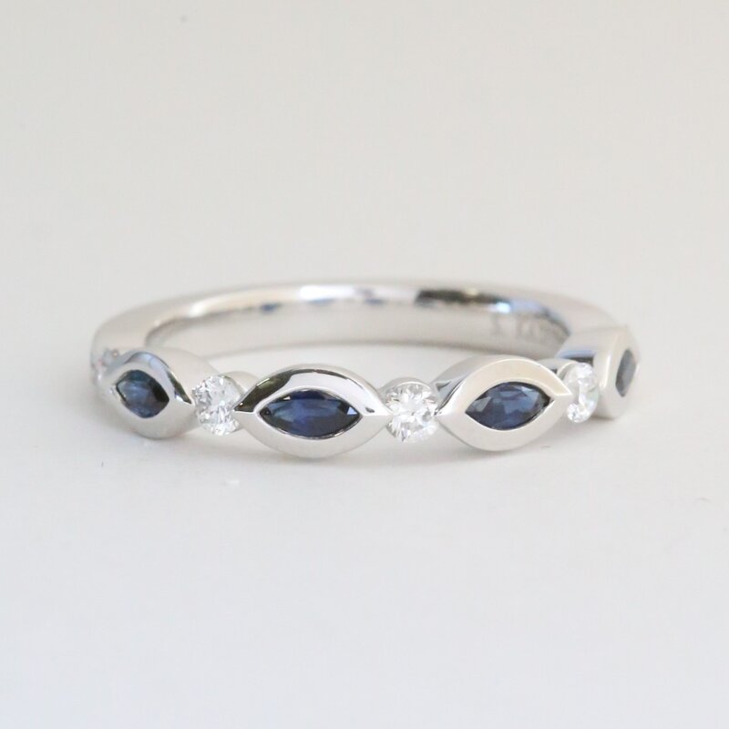 American Jewelry 14k White Gold .25ctw Diamond .36ctw Sapphire Marquise & Round Alternating Band Ring