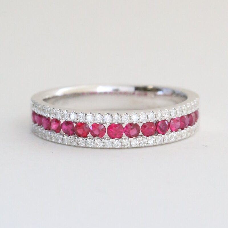 American Jewelry 14k White Gold .48ctw Ruby .17ctw Diamond 3 Row Band Ring