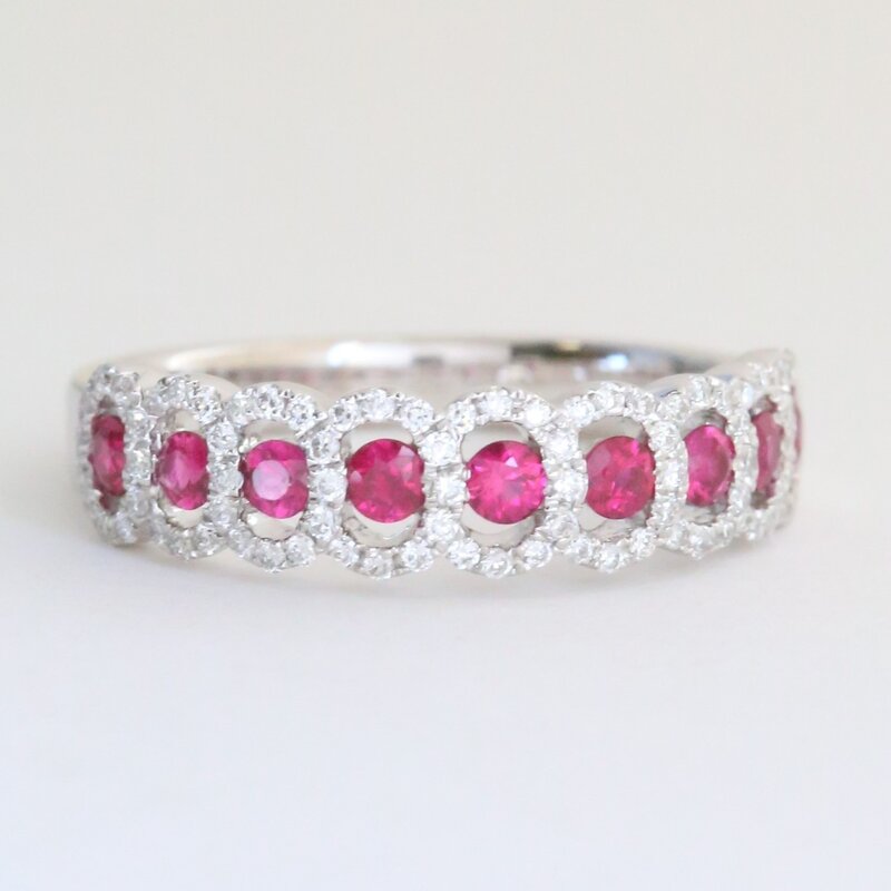 American Jewelry 14k White Gold .27ctw Diamond .49ctw Ruby Halos Band Ring