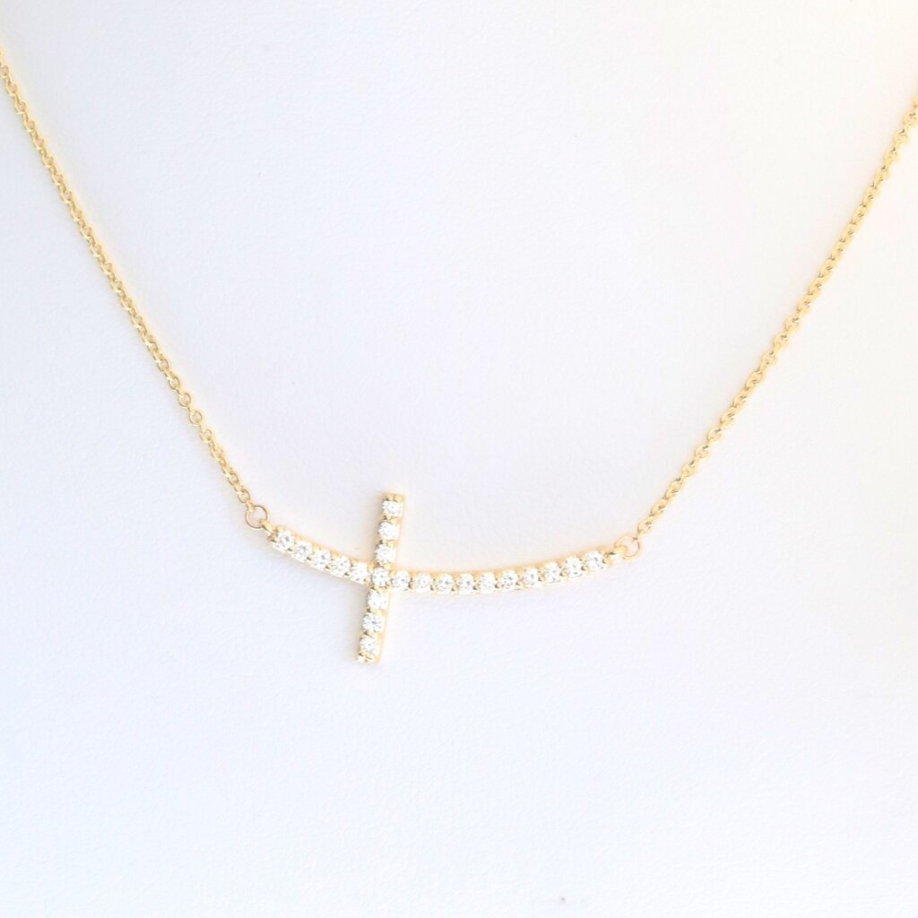 14k Yellow Gold .32ctw Diamond East to West Cross Necklace American Jewelry