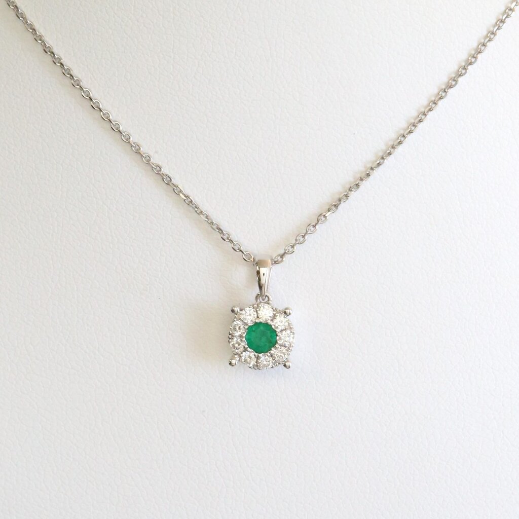 American Jewelry 14k White Gold .22ctw Emerald .21ctw Diamond Petite Halo Necklace