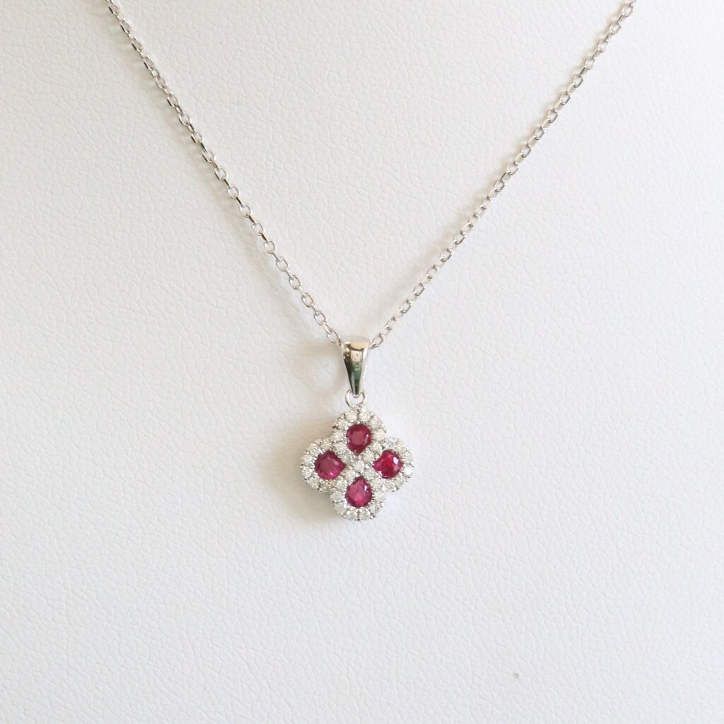 American Jewelry 14k White Gold Ruby & .13ctw Diamond Clover Necklace