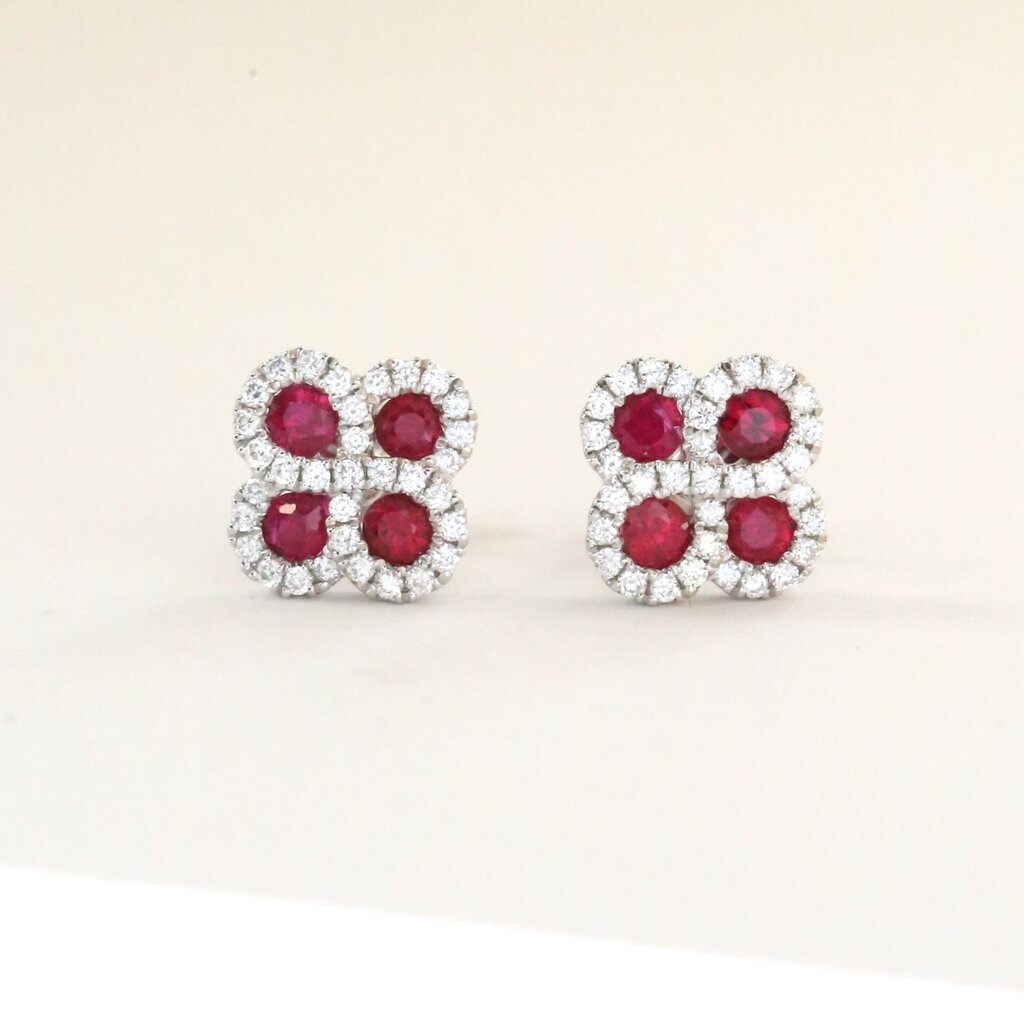 American Jewelry 14k White Gold .60ctw Ruby .26ctw Diamond Clover Stud Earrings